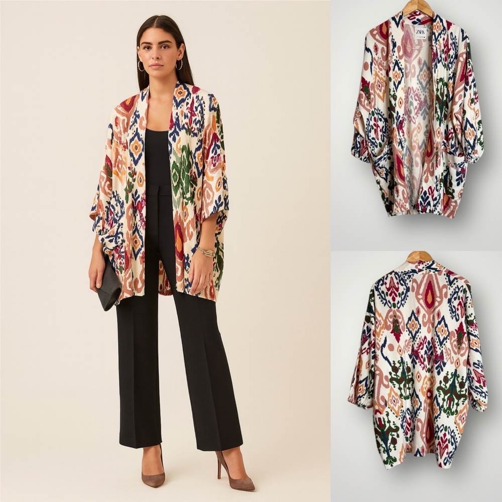Zara The Hanoi Open Kimono Ikat Print Womens Size Medium Pockets Linen Blend EUC - Picture 1 of 9